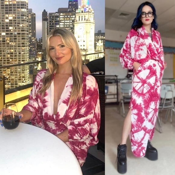 S/W/F Tie Dye Crepe Kimono Sleeve Draped V-Neck Fitted Waist Kaftan Maxi Dress S - Picture 3 of 8